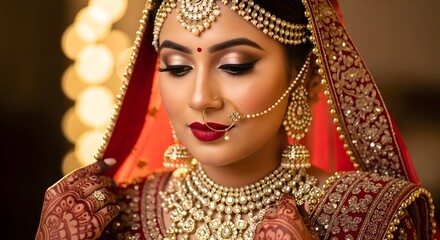 Indian bride wearing traditional lehenga, elaborate jewelry, and henna