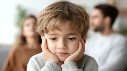Bored kid and parents with defocused background, faceless family moment, boredom visualization detail, blurred setting, restless concept, family interface, tired display, home scen