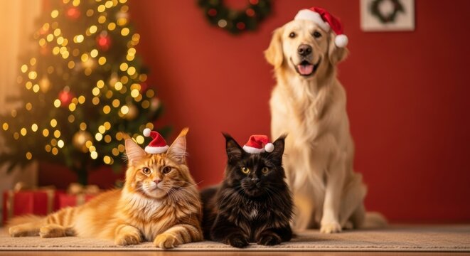 Whiskers and a golden retriever in Santa hat. Cats and dog celebrating New Year. Christmas pet portrait for greeting card.