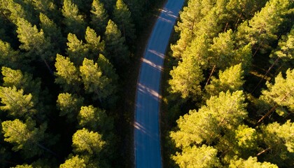 Serene forest road winding through sunlit pine trees, aerial view, golden hour light, peaceful journey, outdoor adventure, nature escape, travel inspiration.
