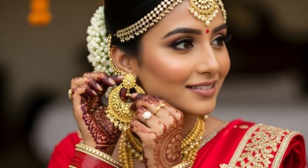 Indian bride adjusting gold earring preparing for wedding ceremony