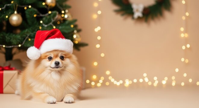 Pomeranian dog in Santa hat near Christmas tree and fairy lights. Happy New Year and winter holiday pet concept for greeting card layout. - Powered by Adobe