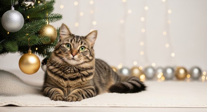 Tabby cat with green eyes laying by a decorated Christmas tree. Holiday pet joy, New Year celebration and cozy winter home mood.