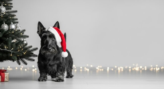 Whisk dog wearing a Santa hat near a Christmas tree with bokeh lights on the floor. Festive pet portrait for Happy New Year.