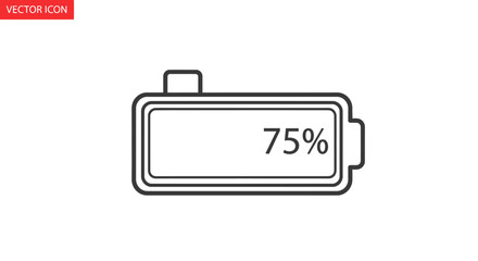 Simple line art vector icon depicting a battery at 75 percent charge level, symbolizing power status, energy efficiency, and operational readiness for various electronic devices