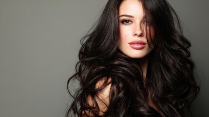 Fototapeta premium Beautiful Brunette Woman With Long Wavy Hair Poses Gracefully in a Studio Setting
