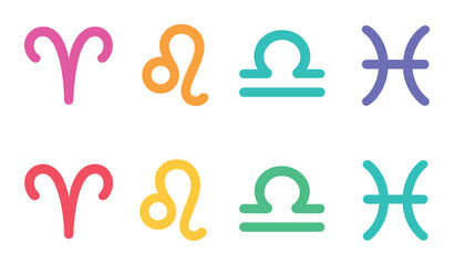 Glowing zodiac symbols: aries, leo, libra, pisces in neon colors