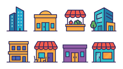 Obraz premium Colorful icon set of various shops and buildings on gradient background