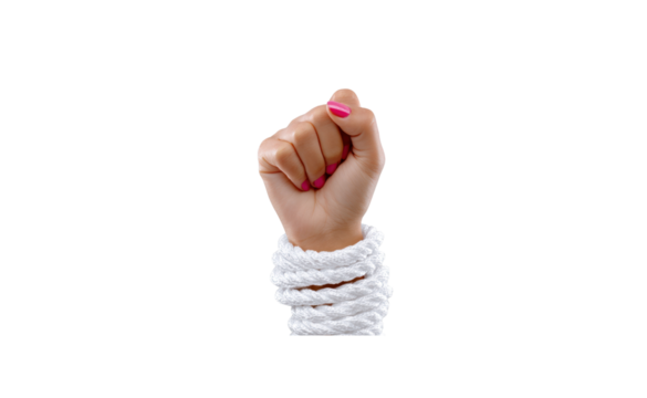 Restrained Resistance: A tightly clenched fist, bound by a thick rope, symbolizes constraint and defiance. conveying messages of struggle and resilience.