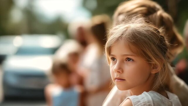 Car broke down bored children defocused waiting mom, faceless large family, vacation visualization detail, blurred vehicle background, travel concept, waiting interface, family dis