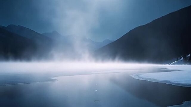 Ethereal mountain lake shrouded in mist at twilight, a stunning panorama of nature's beauty, evoking peace and tranquility, perfect for travel and wellness campaigns and serene backdrops