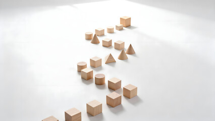 Strategic Pathway of Wooden Geometric Blocks on White: A Minimalist Business Concept Illustrating Planning, Goals, and Progressive Development in a Clean Editorial Style
