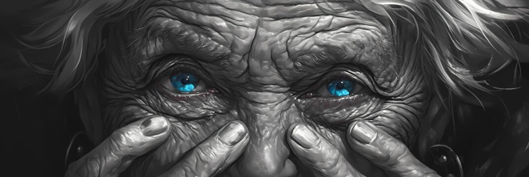 close up of a old woman and blue eyes