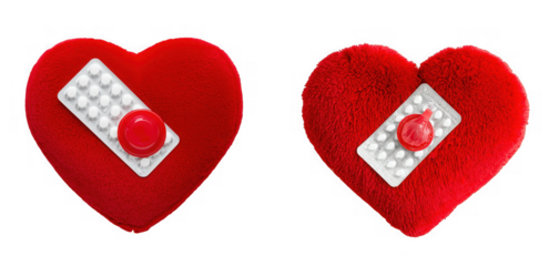 Two red heart shaped objects with white diamond shaped accents and red gem embellishments isolated on transparent background