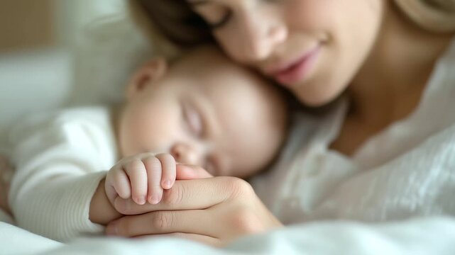 Close-up loving mommy holds hand defocused newborn sleeping, faceless mother care, baby visualization detail, blurred bed background, cherish concept, protection interface, nap dis