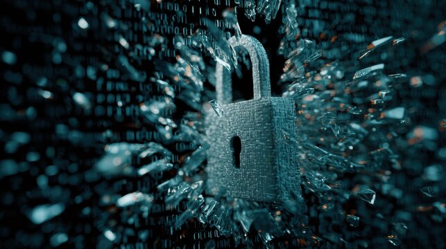 Digital Lock Shattering in Binary Fragments Symbolizes Online Security Failure and Vulnerability to Espionage Threats