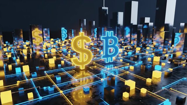 Stunning financial future featuring Bitcoin and dollar currency symbols glowing with cyber network, promising modern investment and digital economy trends