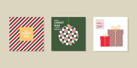 Merry Christmas and Happy New Year Set of greeting cards, posters, holiday covers. Modern Xmas design with pattern in green, red, white colors. Christmas gift, ball, decoration elements