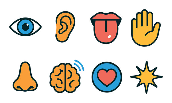 Colorful icons representing five senses and emotions