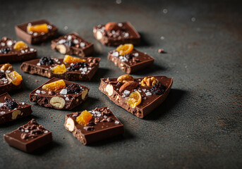Luxurious artisanal dark chocolate bark pieces scattered on a moody background, showcasing nuts, candied fruit, and sea salt flakes for gourmet presentation.