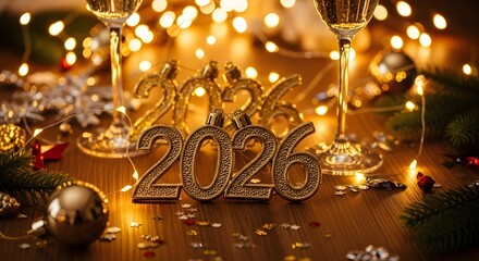 Golden Christmas tree ornaments and candle lights decorating a table for a festive winter holiday celebration party night