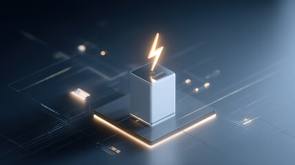 Illuminated battery icon on circuit board: power and energy storage concept