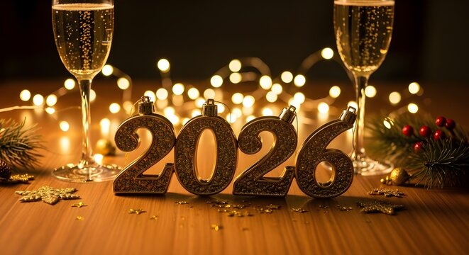New year celebration with champagne glasses and festive decorations