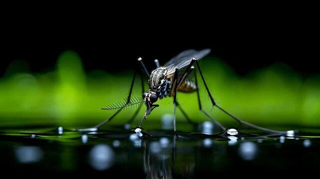 Annoying mosquito drinking water in a swampy area, spreading dangerous diseases