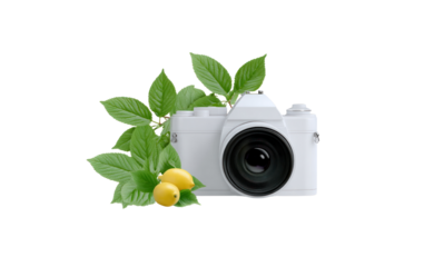 Eco-photography: A digital camera is adorned with fresh green leaves and two vibrant yellow lemons, embodying the synergy of nature and technology.