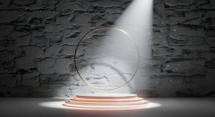 Illustration of a golden ring hovers over a glowing pedestal under a spotlight