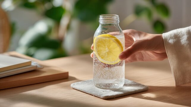 Refreshing Lemon Water in Glass Bottle on Desk with Hand - Tranquil Workspace