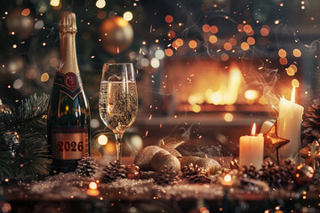New year eve party 2026 celebration, glass and Champagne bottle on a table with candles, Christmas holiday lights, fireplace