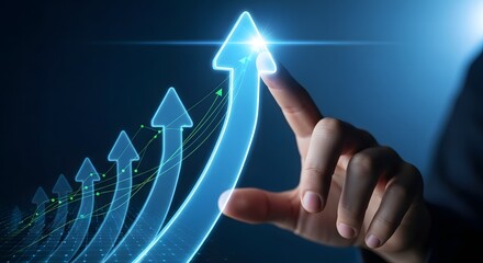 Illustration of business person touching a glowing blue arrow pointing upwards symbolizing growth