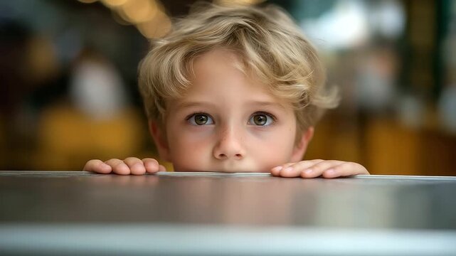 Hangry kid waiting resting on defocused table hungry, faceless impatient child, waiting visualization detail, blurred surface background, frustration concept, hunger interface, res