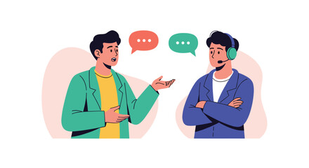 Man talking to a customer service representative with a headset illustrating a call center or technical support conversation.