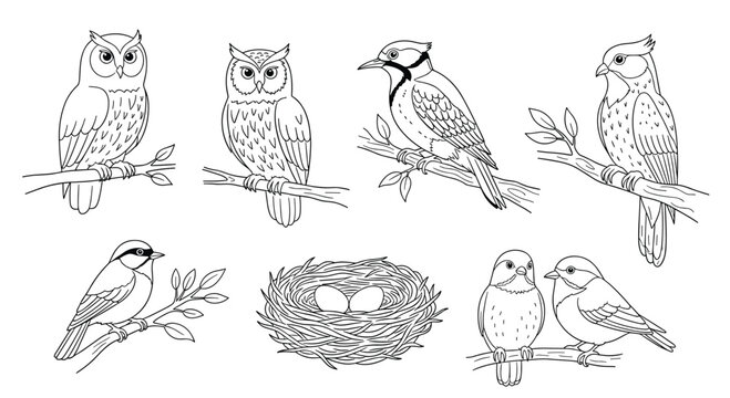 Black and white line art collection of various forest birds and a nest for a coloring book page or nature-themed design.