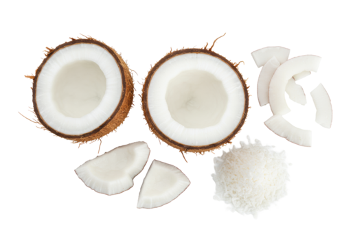 Overhead flat lay of fresh coconut halves, bright white meat, shredded flakes, and pristine chunks on a transparent background with soft light, healthy food ingredients concept