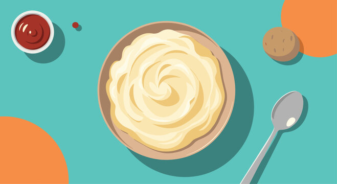 Top-down illustration of a delicious bowl of creamy mashed potatoes with ketchup and a spoon on a bright blue background.
