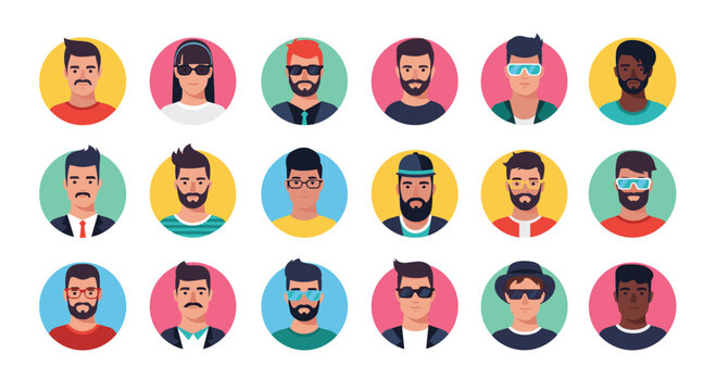 Diverse collection of male avatars in colorful circles for user profile pictures in a modern flat design icon set for web.