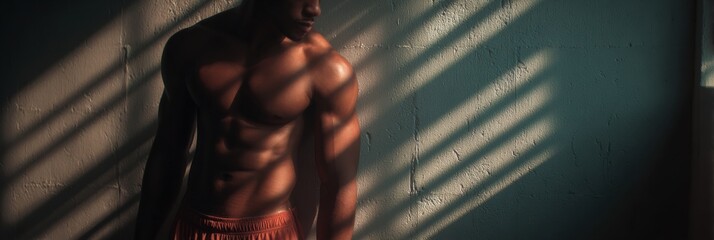 Dramatic Lighting Showcases Shadowed Belly Muscles During Intense Fitness Workout Session