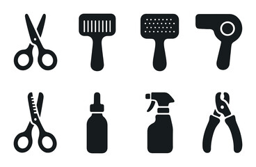 Silhouette icons of hairdressing and grooming tools on black background