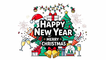 Fototapeta premium Festive Celebration Image With Christmas Tree, Gifts, Bells, Clock, And Happy New Year Message