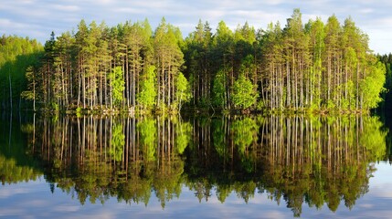 Obraz premium order. Calm lake mirroring a pine forest in symmetrical reflection under tranquil morning light. travel magazines, destination branding, designed for travel destination branding, used by hr managers.