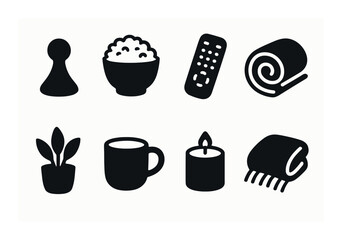 Set of simple icons: plant, cup, candle, bowl, remote, game piece, mat, blanket