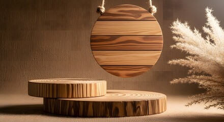 Illustration of rustic wooden podiums and hanging sign with dried plant, natural background