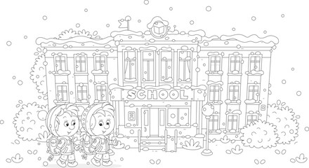 Happy little schoolboy and schoolgirl with their schoolbags friendly talking and going to school on a cold and snowy winter morning, black and white vector cartoon illustration