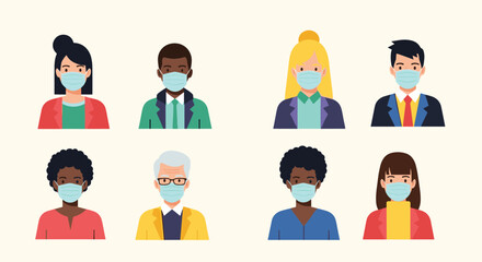 Set of diverse business people avatars wearing medical face masks for protection during a pandemic in the workplace concept.