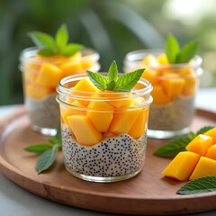 Layered Mango and Chia Yogurt Dessert on Wooden Tray