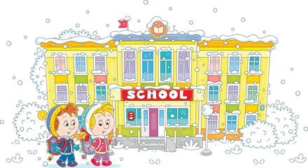 Happy little schoolboy and schoolgirl with their schoolbags friendly talking and going to school on a cold and snowy winter morning, vector cartoon illustration on white