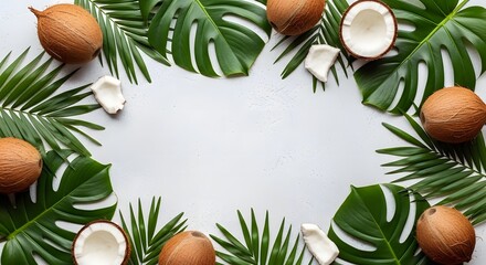 Illustration of tropical coconuts and green leaves border on a light gray background
